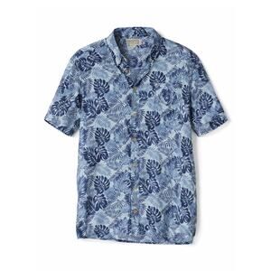 Duluth Hawaiian Tropical Leaf Blue Button Up Shirt Cruise Island Vacation L